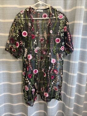 Embroidered Sheer Floral Kimono - Black with Pink & Green Flowers